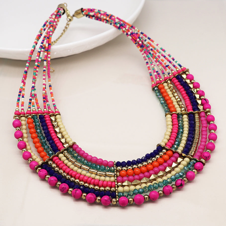 Pink, Green & Gold Mix Layered Bead Necklace
