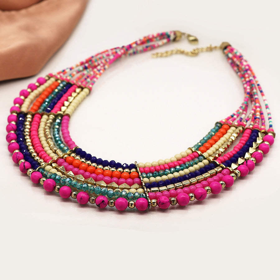 Pink, Green & Gold Mix Layered Bead Necklace