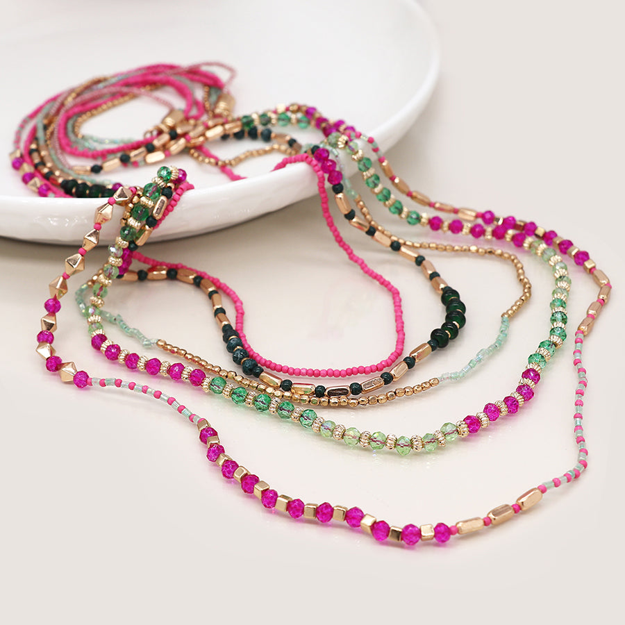 4254 - Pink, Green & Gold Long Necklace