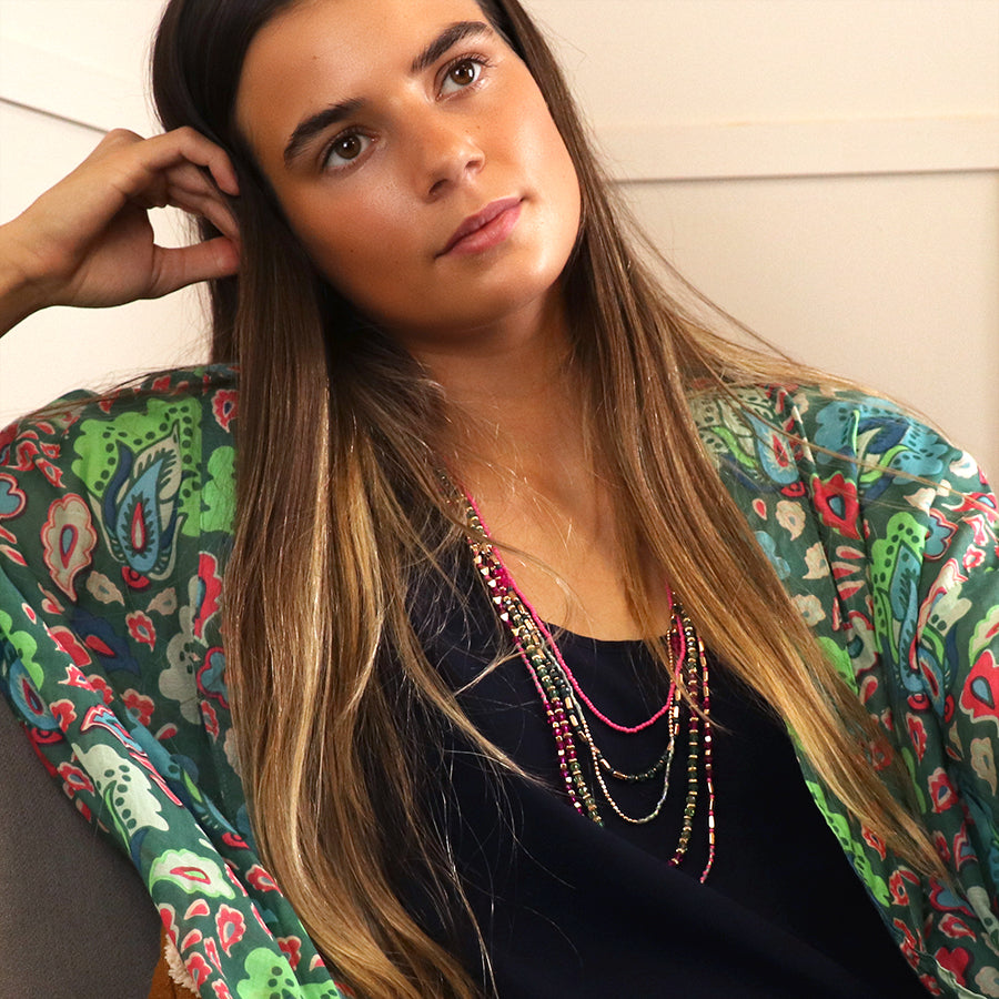 4254 - Pink, Green & Gold Long Necklace