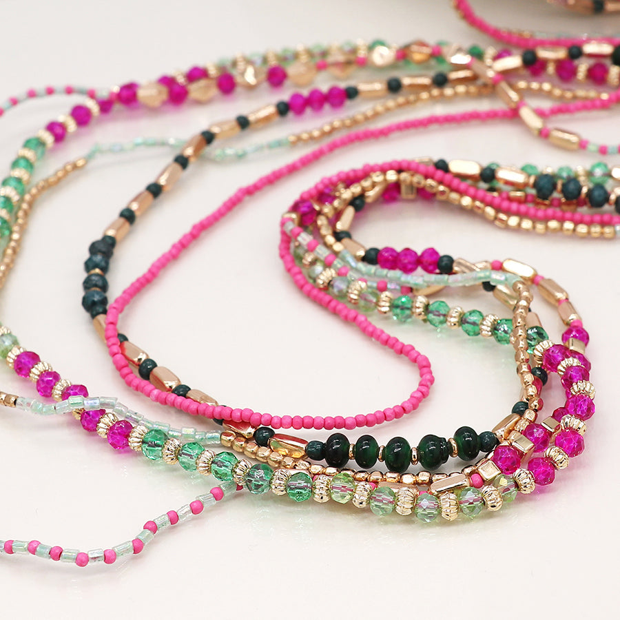 4254 - Pink, Green & Gold Long Necklace