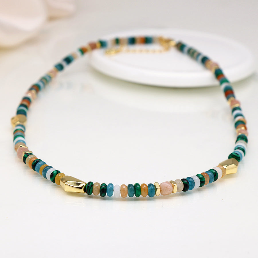 4300 - Blue Mixed Bead & Gold Pebble Necklace