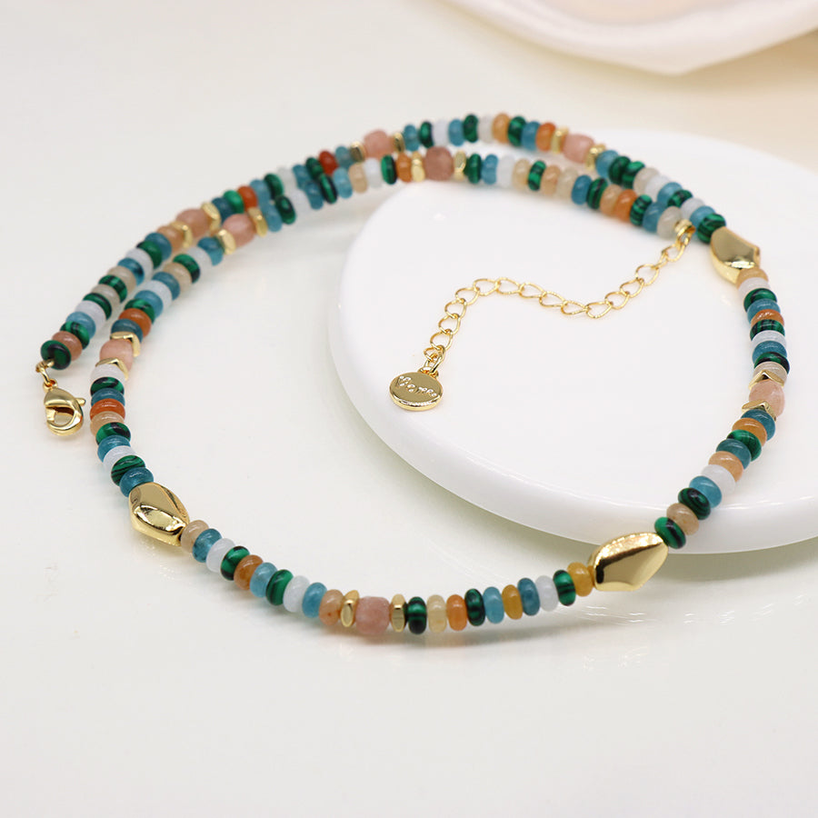 4300 - Blue Mixed Bead & Gold Pebble Necklace