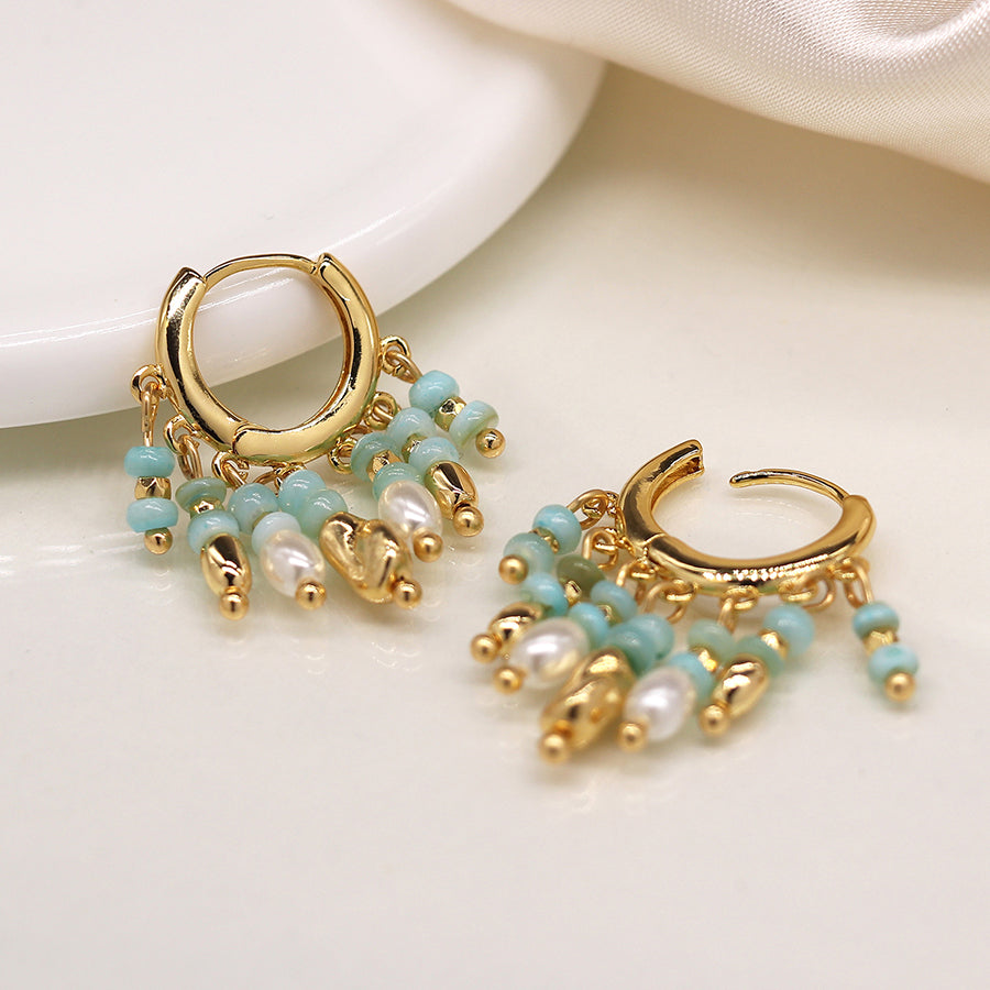 Mixed Aqua, Gold & Pearl Hoop Earrings