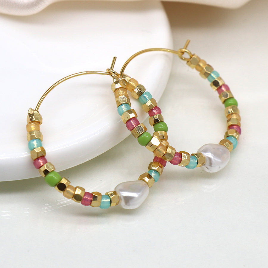 4000 - Gold, Pastel & Pearl Hoop Earrings