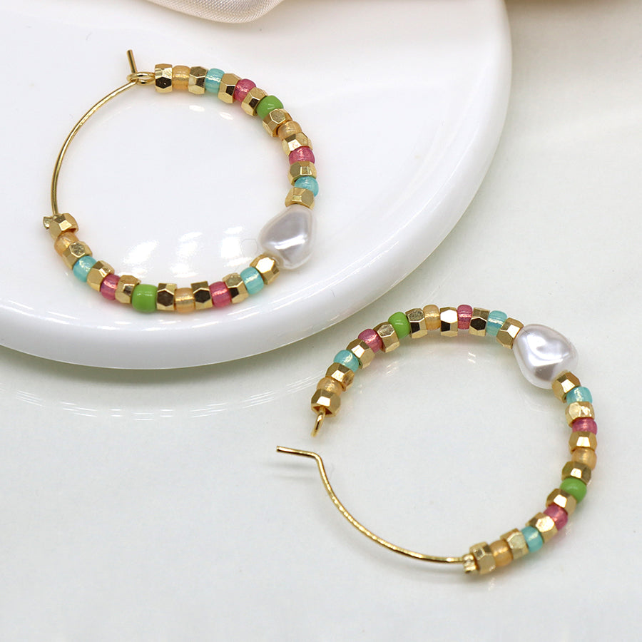 4000 - Gold, Pastel & Pearl Hoop Earrings