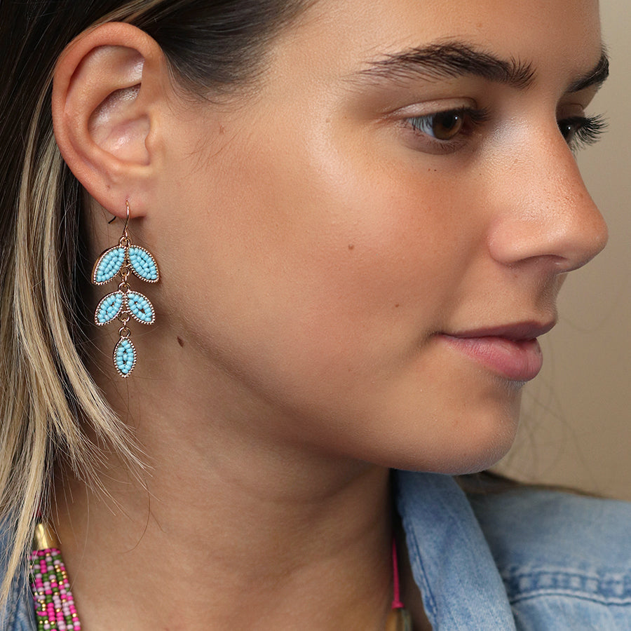 4345 - Golden & Blue Bead Leaf Drop Earrings