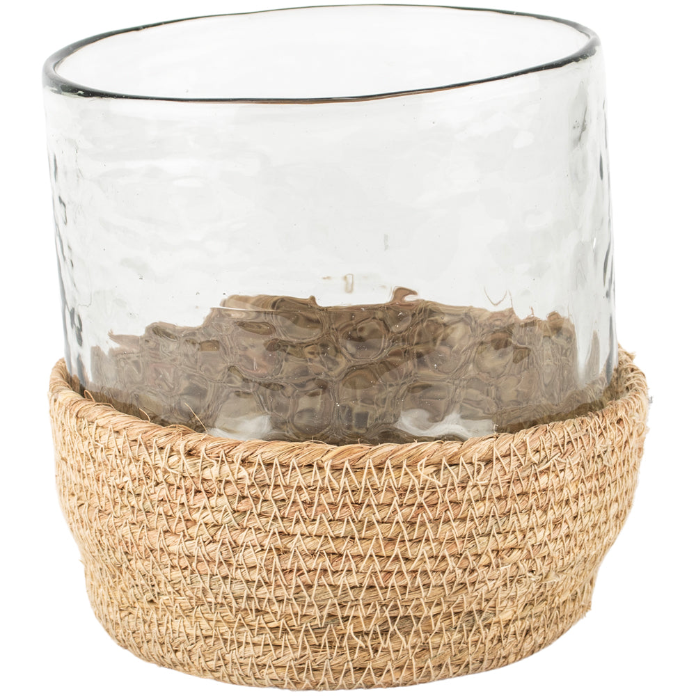Hammered Glass Tea LIght/Planter in Jute Basket - Large