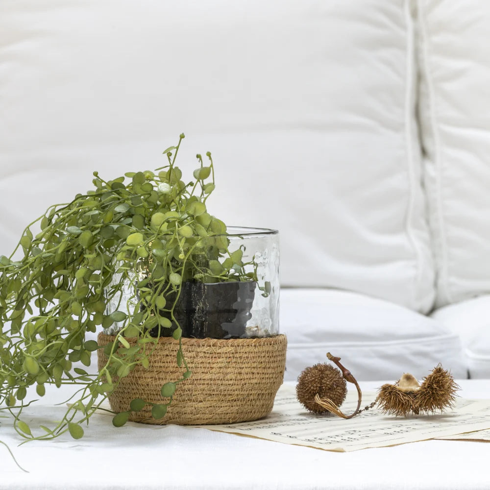 Hammered Glass Tea LIght/Planter in Jute Basket - Large