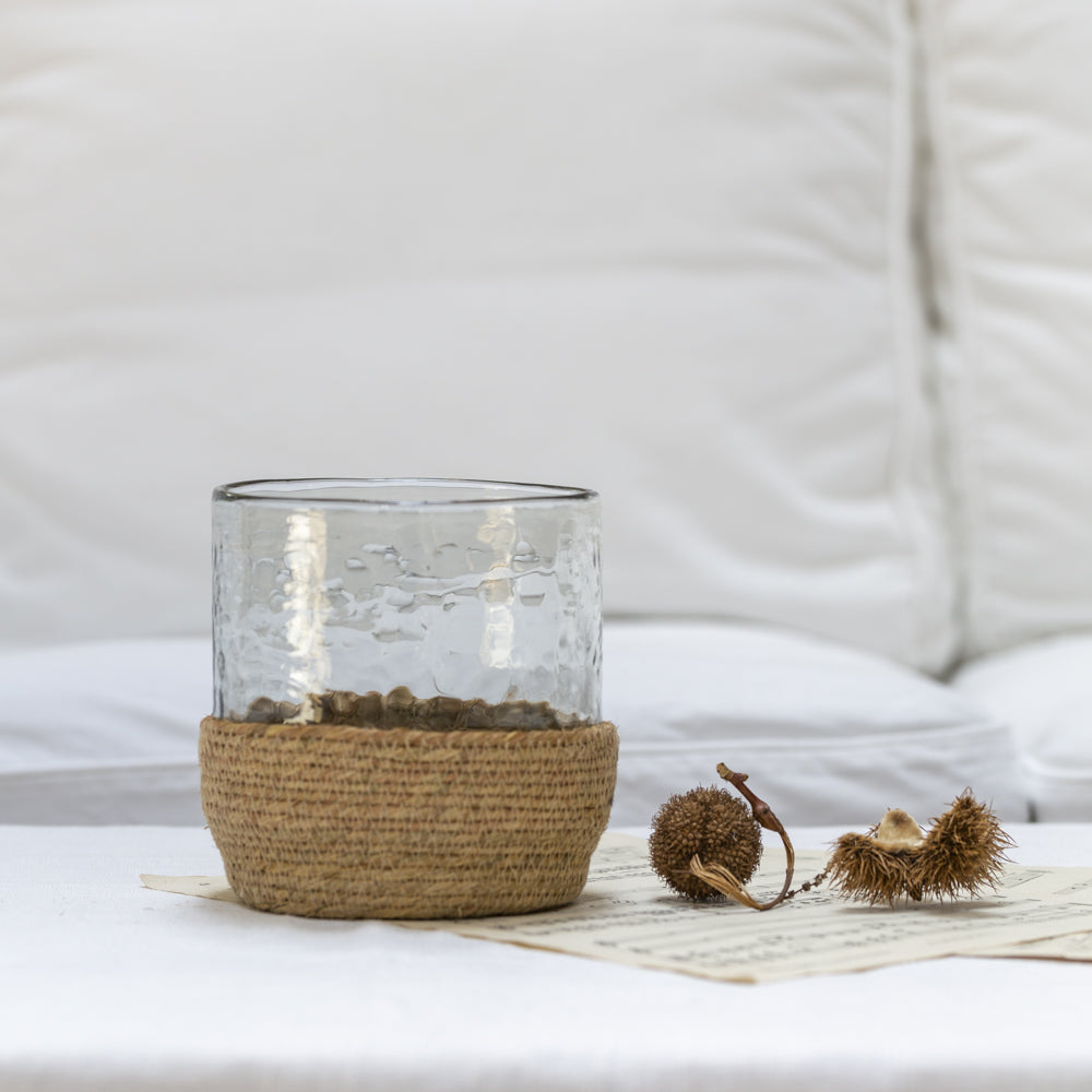 Hammered Glass Tea LIght/Planter in Jute Basket - Large