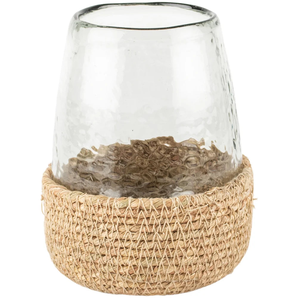 Hammered Glass Tea LIght/Planter in Jute Basket - Small