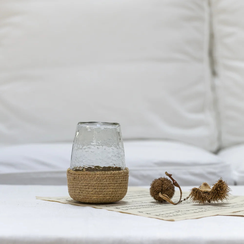 Hammered Glass Tea LIght/Planter in Jute Basket - Small