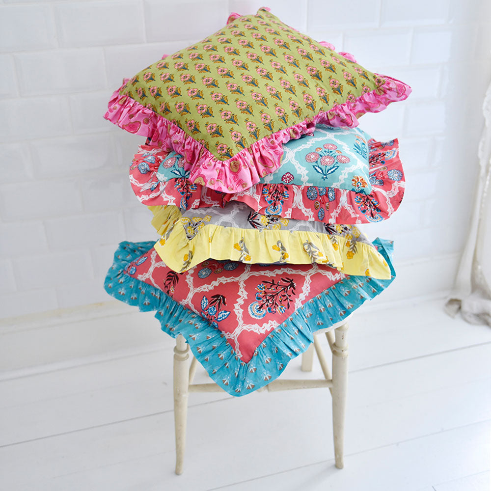 Grey Floral Cushion with Yellow Ruffle