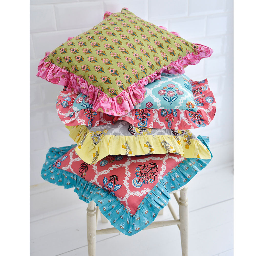Grey Floral Cushion with Yellow Ruffle