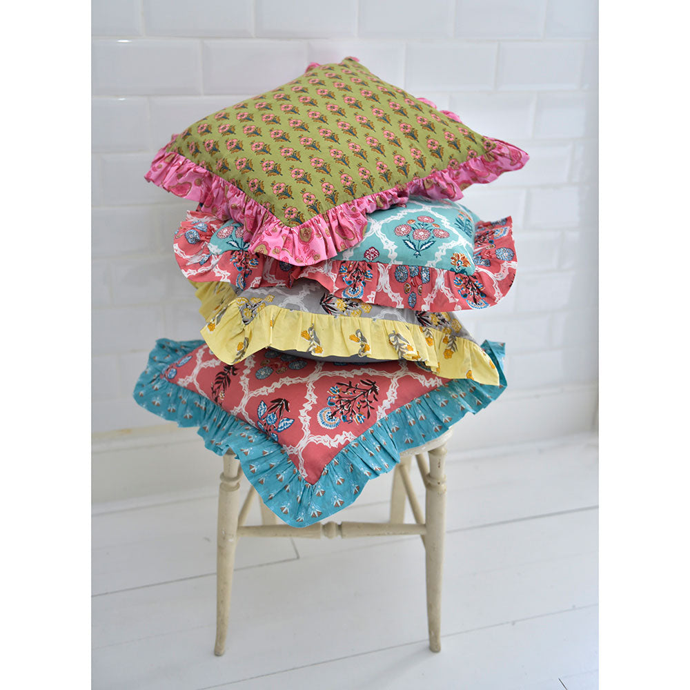 Grey Floral Cushion with Yellow Ruffle