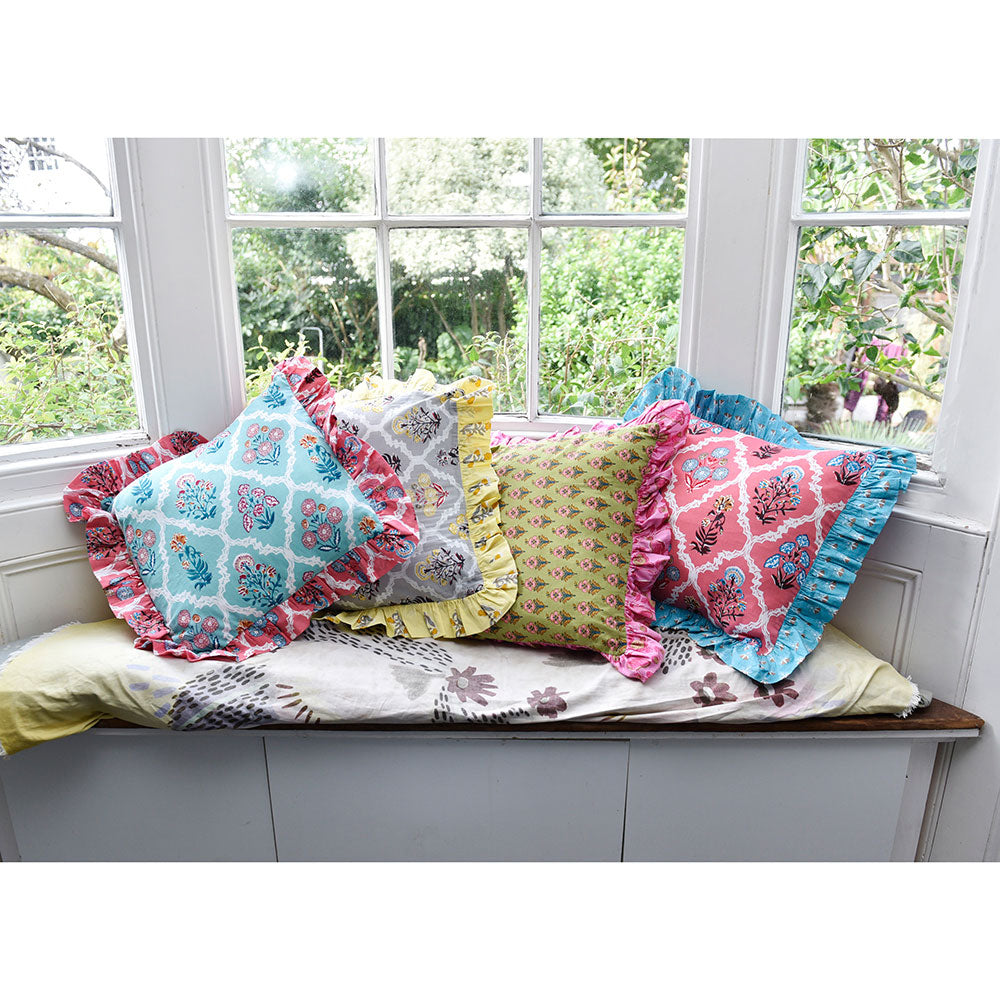 Grey Floral Cushion with Yellow Ruffle