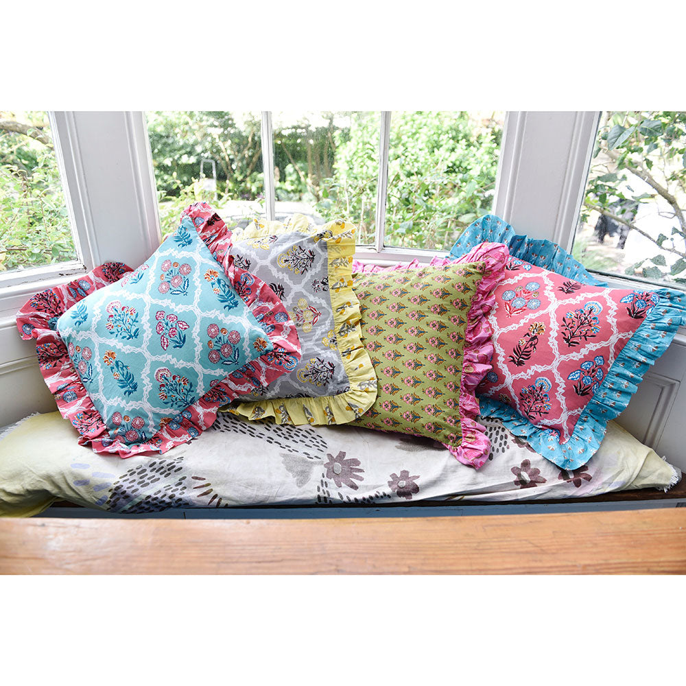 Grey Floral Cushion with Yellow Ruffle