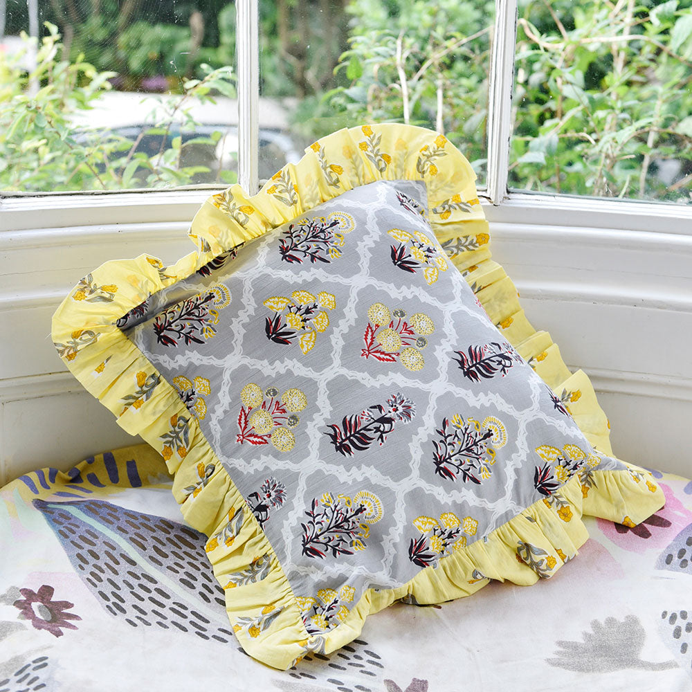 Grey Floral Cushion with Yellow Ruffle