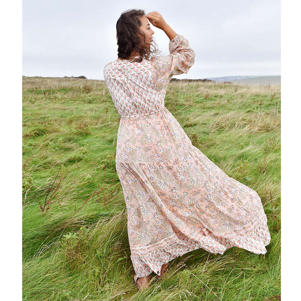 Cora - Peach & Green Print Cotton Dress