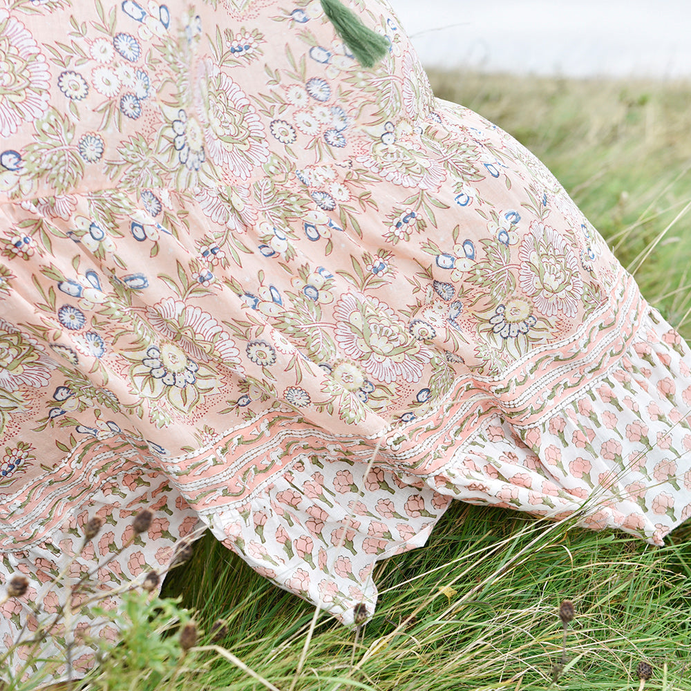 Cora - Peach & Green Print Cotton Dress
