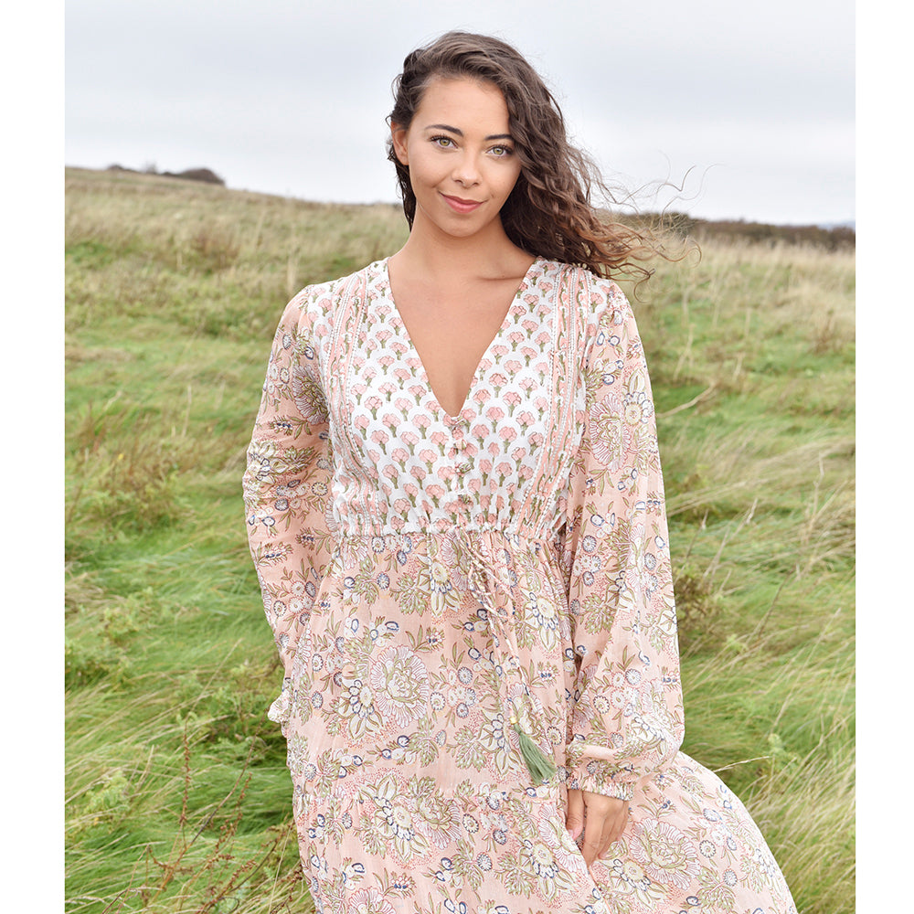 Cora - Peach & Green Print Cotton Dress