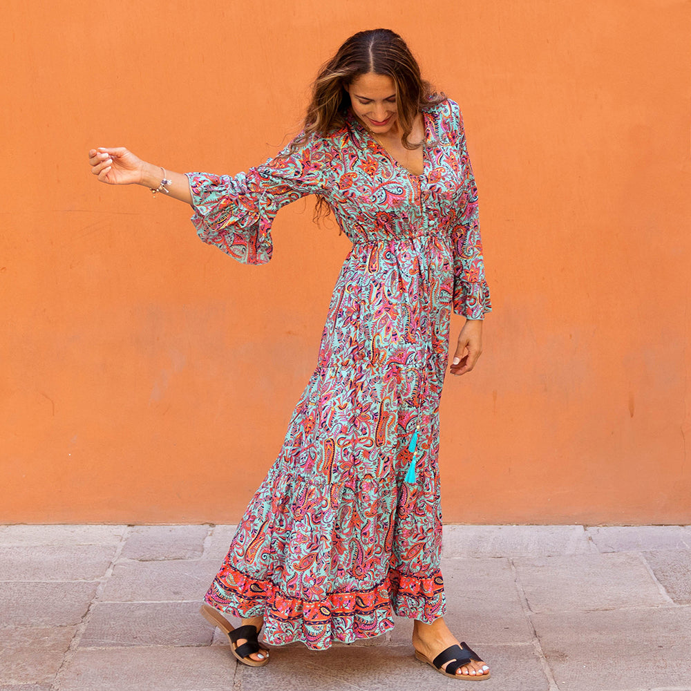 Arianna - Turquoise, Coral & Fuchsia Floral Dress
