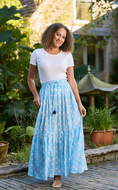 Como Cotton Printed Skirt - One Size - Aqua & White
