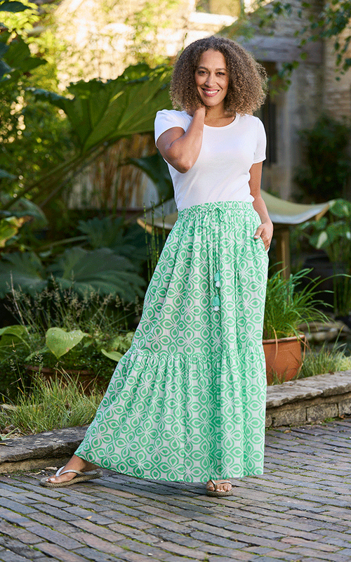 Como Cotton Printed Skirt - One Size - Green & White