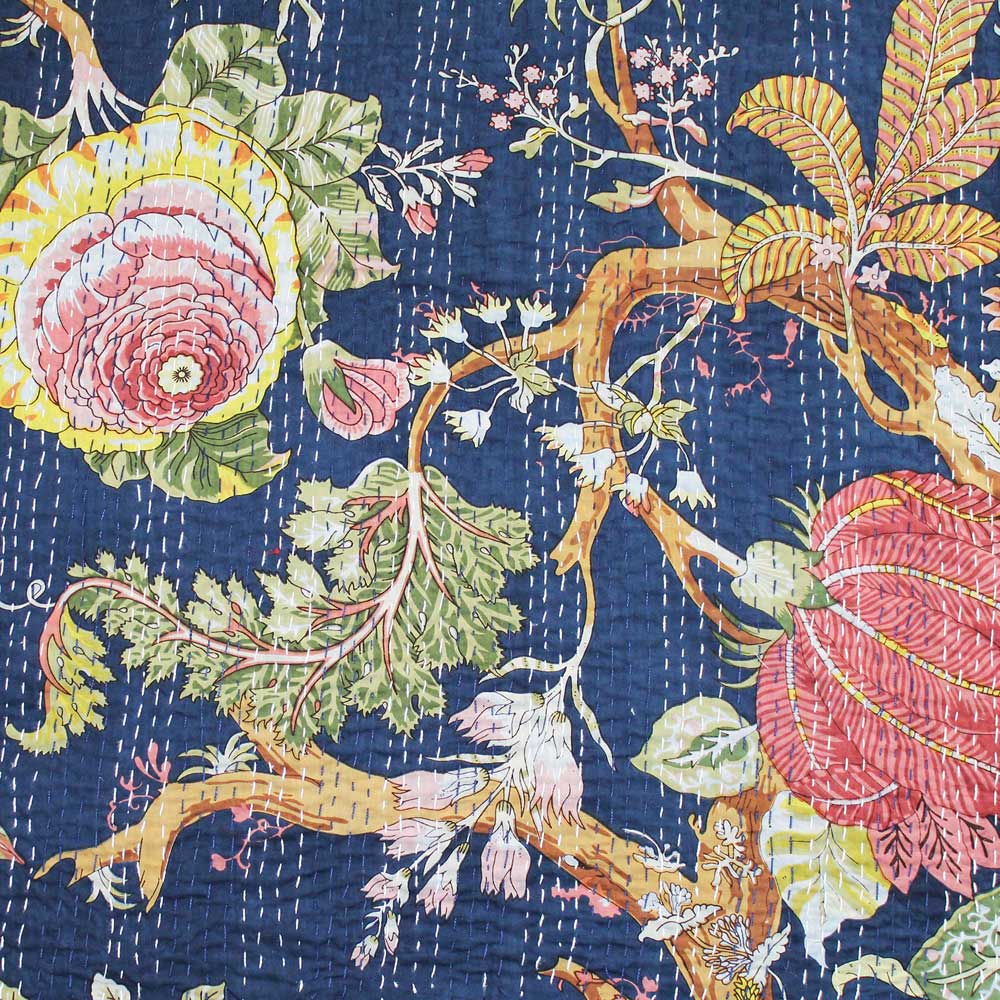 Blue Carnation Print Kantha Throw