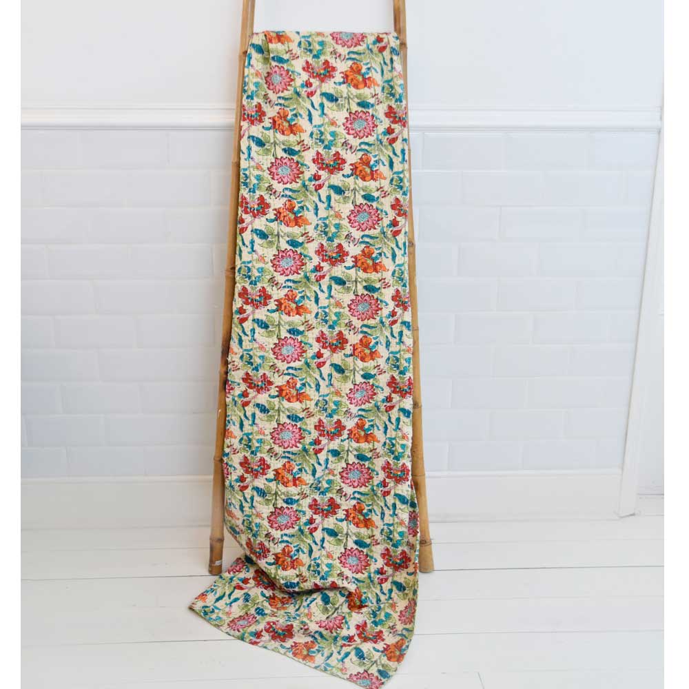 Indian Garden Floral Kantha Quilt