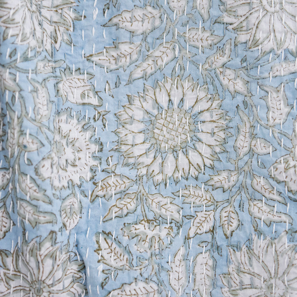 Cornflower Blue Floral Kantha Quilt