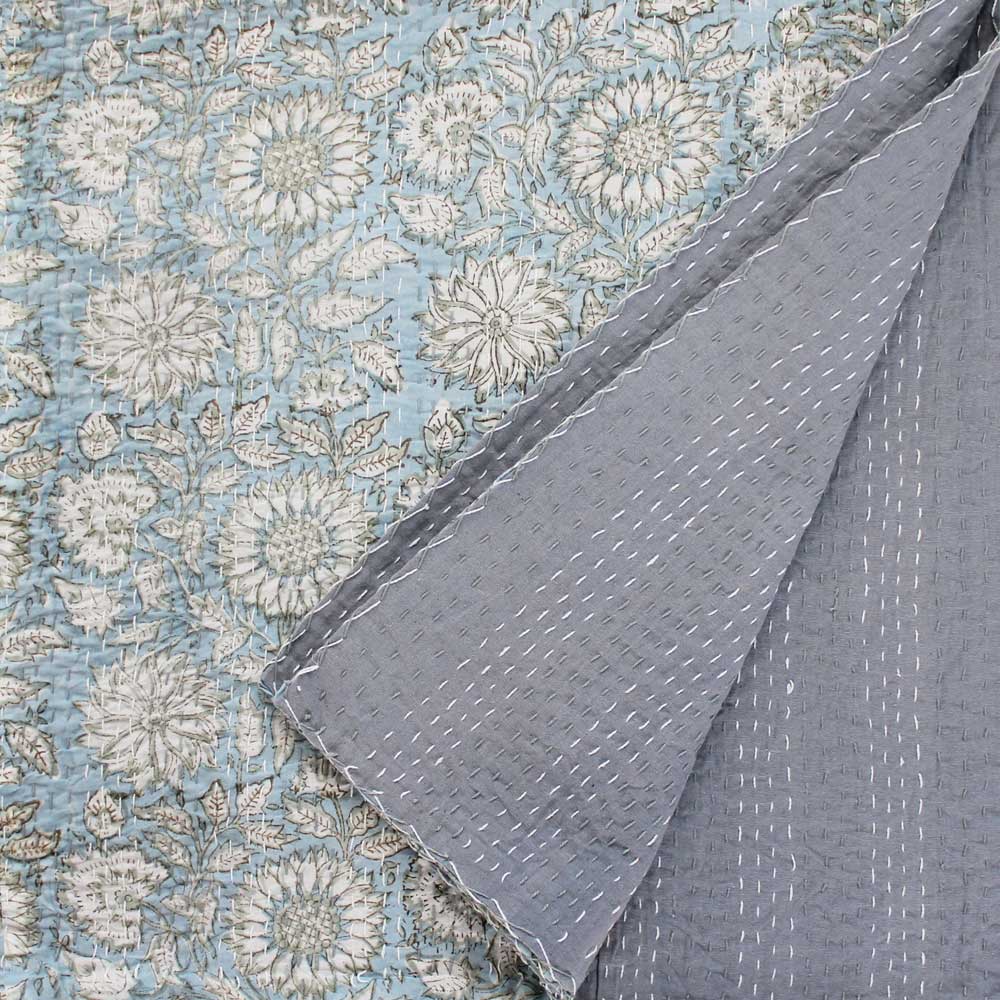 Cornflower Blue Floral Kantha Quilt