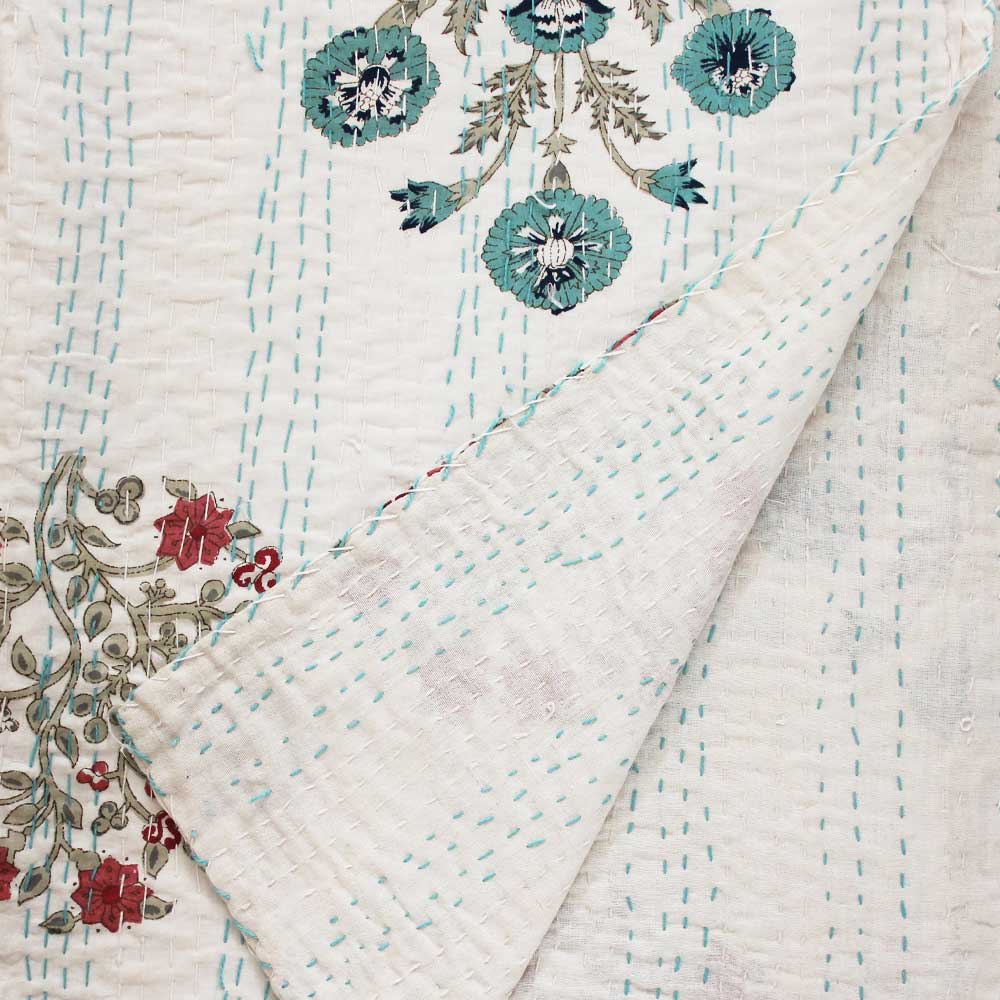 Blue & Pink Floral Block Print Kantha Quilt