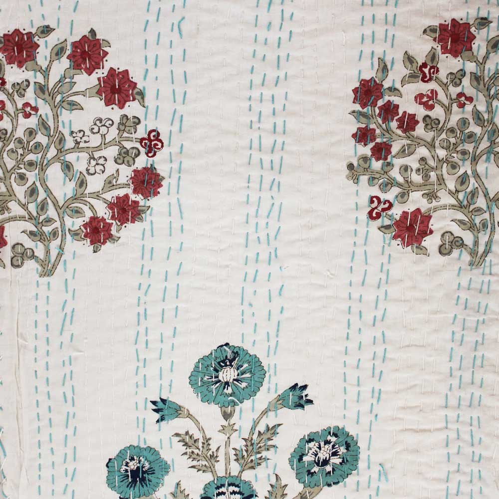 Blue & Pink Floral Block Print Kantha Quilt