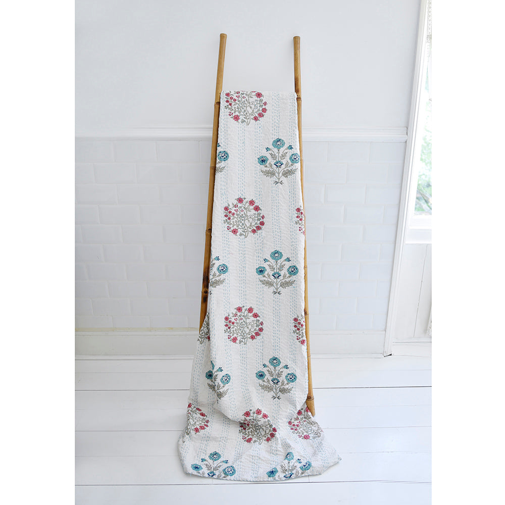 Blue & Pink Floral Block Print Kantha Quilt