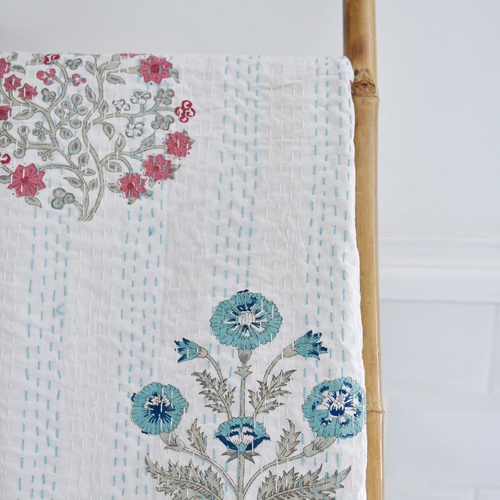 Blue & Pink Floral Block Print Kantha Quilt