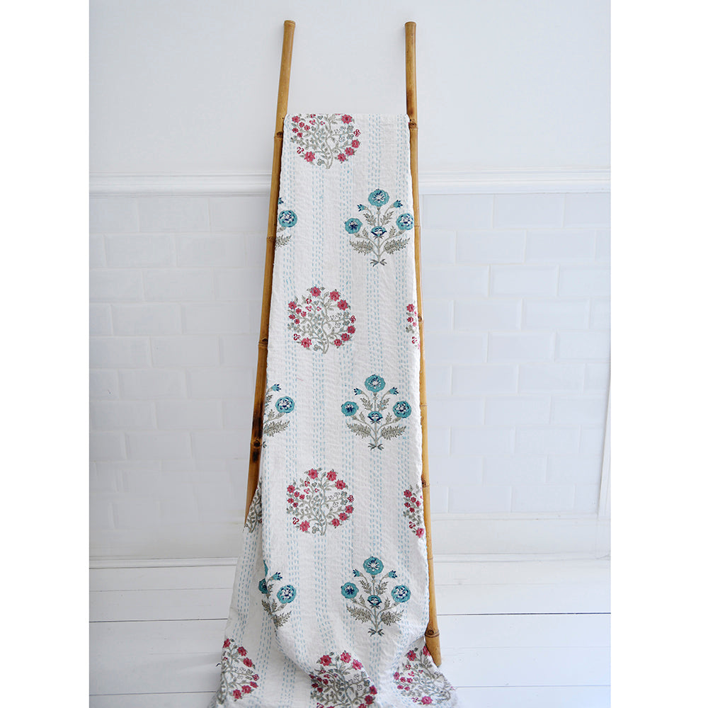 Blue & Pink Floral Block Print Kantha Quilt