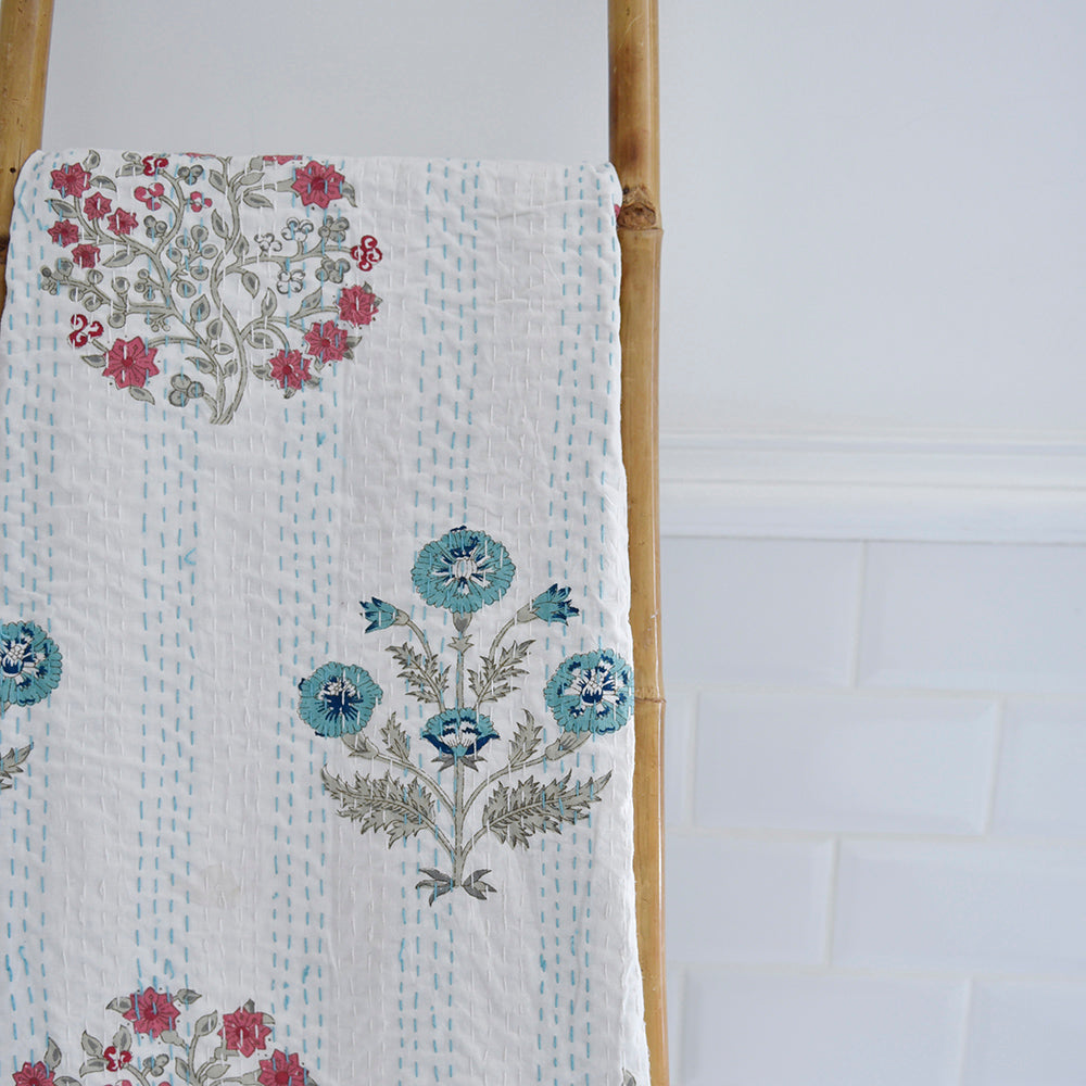 Blue & Pink Floral Block Print Kantha Quilt