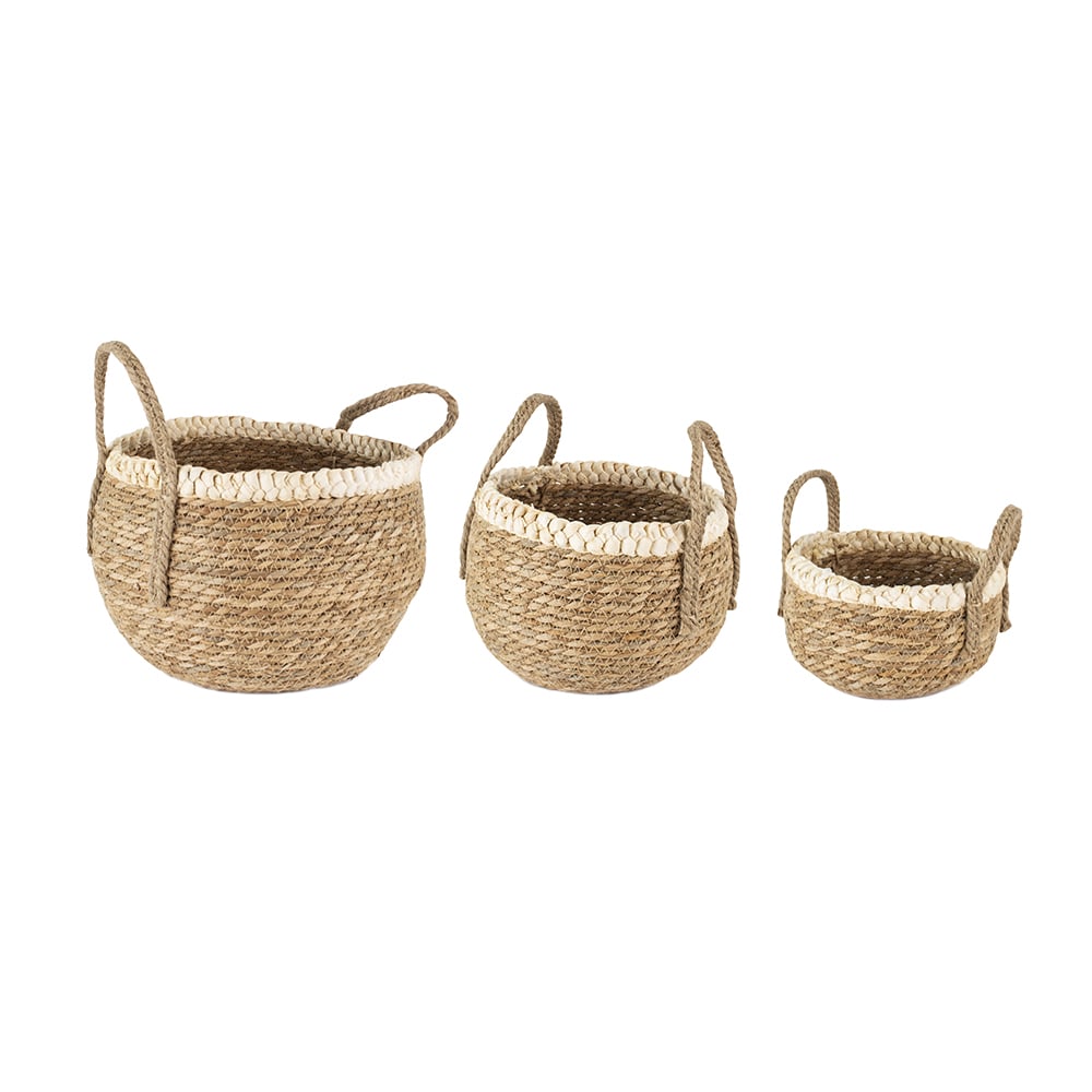 Straw and Corn Basket with Cream Braid - Set of 3