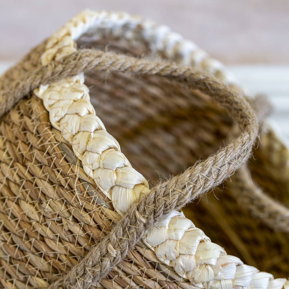 Straw and Corn Basket with Cream Braid - Set of 3