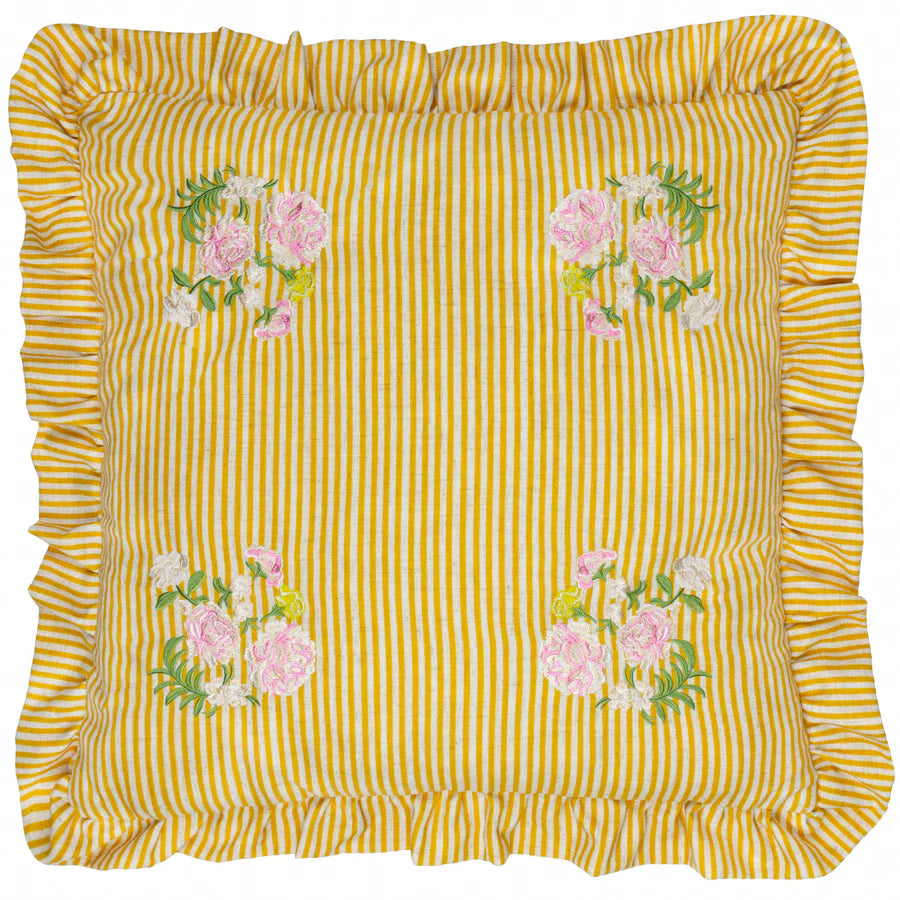 Martha Embroidered Ruffle Cushion - Yellow