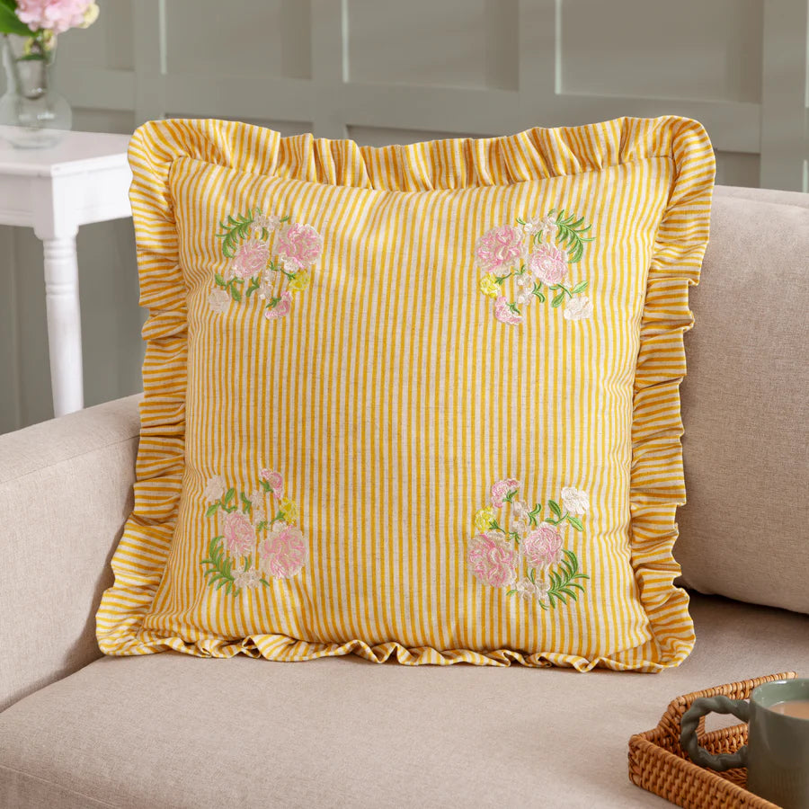 Martha Embroidered Ruffle Cushion - Yellow