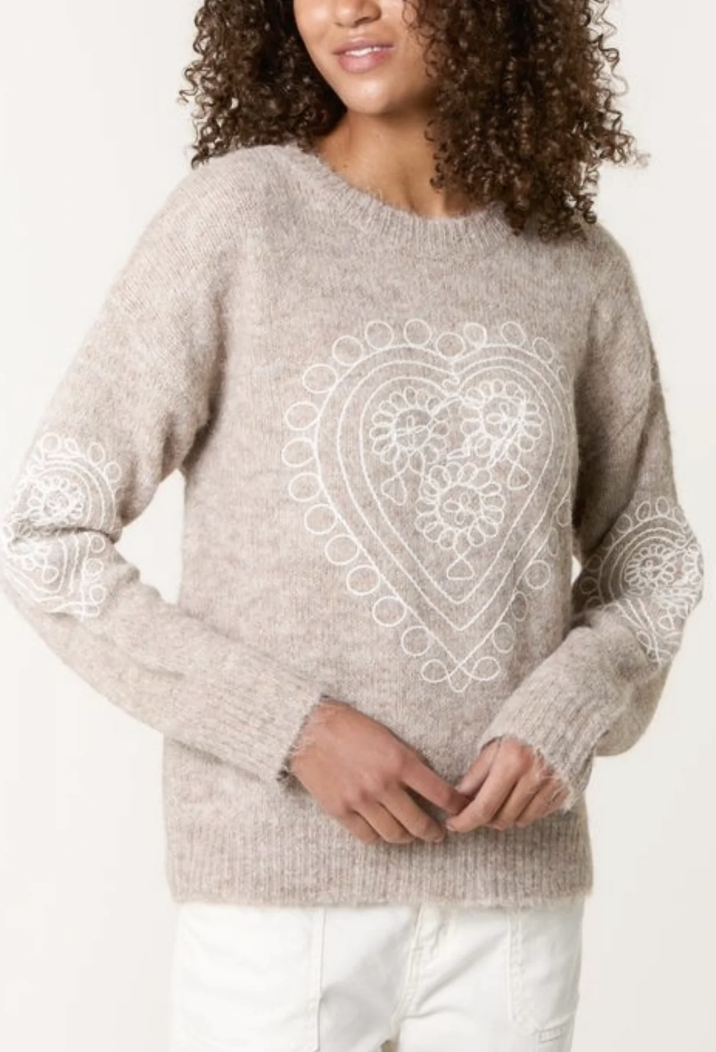 Heart Embroidered Knit Jumper - Mocha