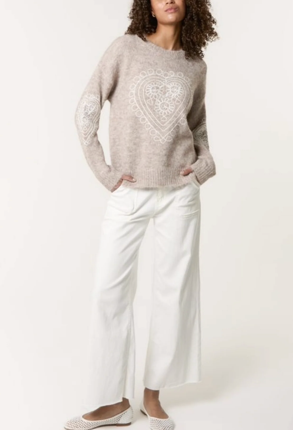 Heart Embroidered Knit Jumper - Mocha