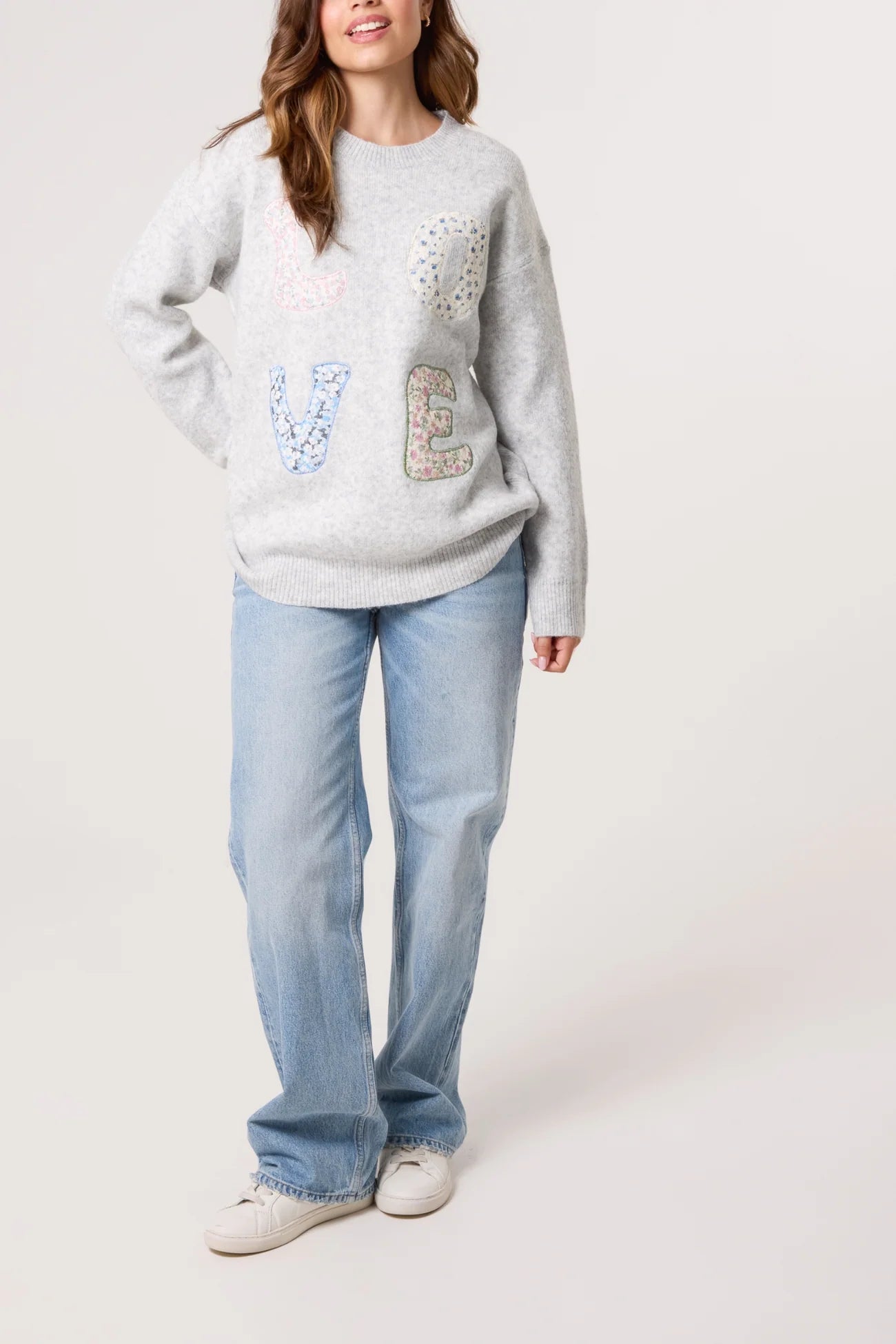 Patchwork 'Love' Jumper - Grey