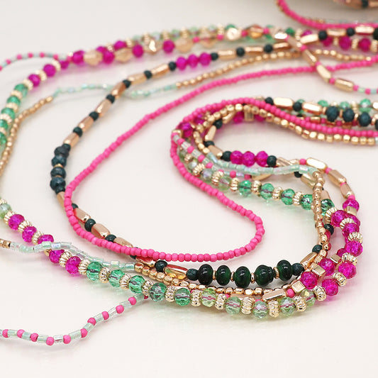 4254 - Pink, Green & Gold Long Necklace