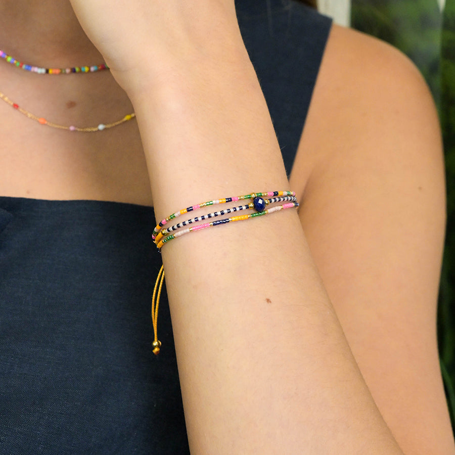 Yellow & Navy Adjustable Beaded Bracelet
