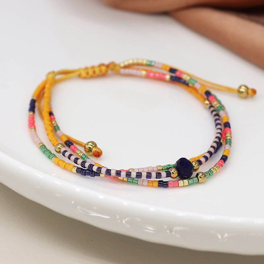 Yellow & Navy Adjustable Beaded Bracelet