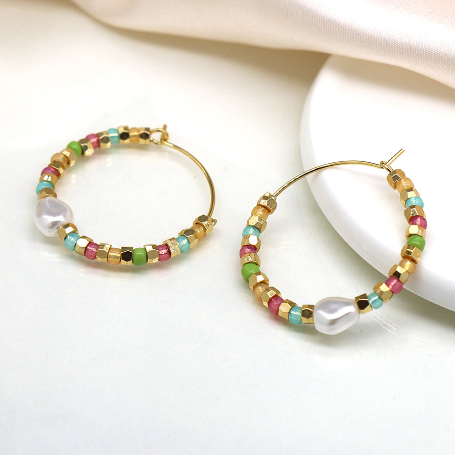 4000 - Gold, Pastel & Pearl Hoop Earrings