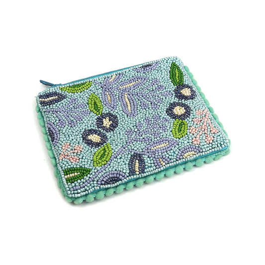 Floral - Small Aqua Beaded Pom-Pom Purse